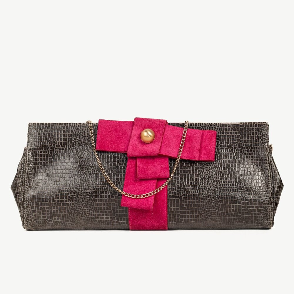 Emporio Armani Grey Croc-Embossed Leather Purple Suede-Bow Shoulder Bag